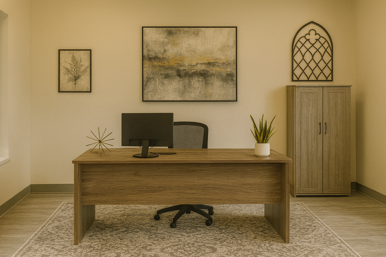 Un espace de travail avec bureau, chaise, écran et décoration. Lumière douce, couleurs neutres et mobilier en bois.