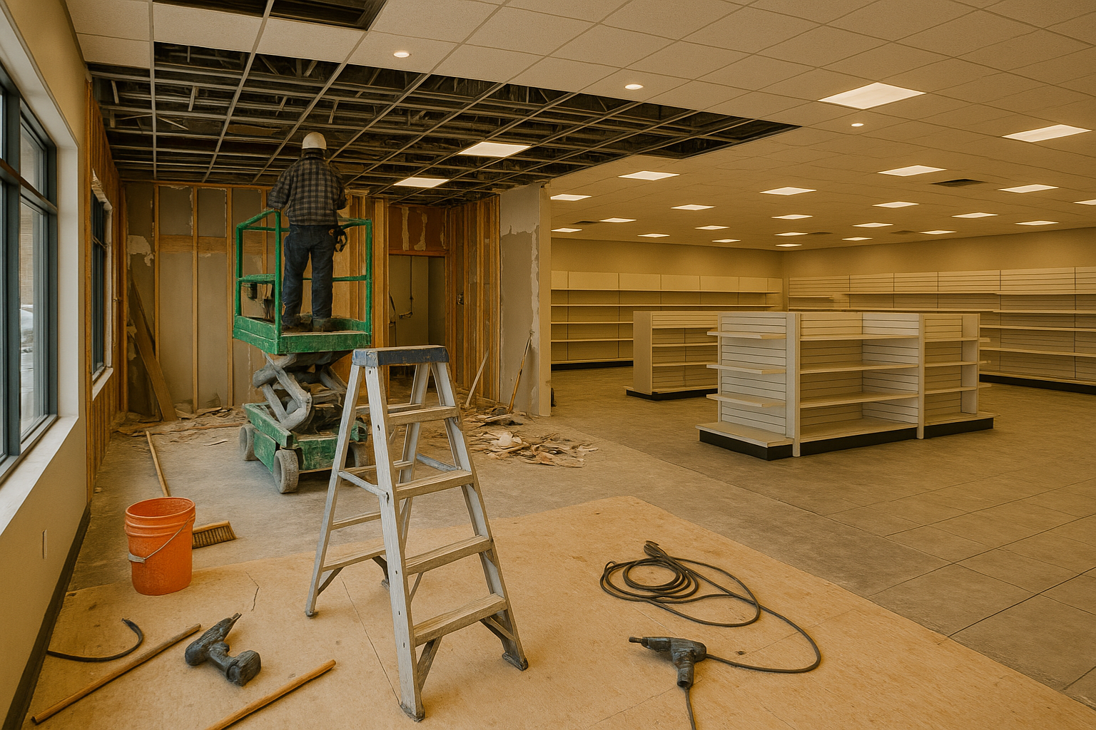 Un chantier de construction à l'intérieur d'un magasin avec des ouvriers, une échelle, des outils et des étagères vides.