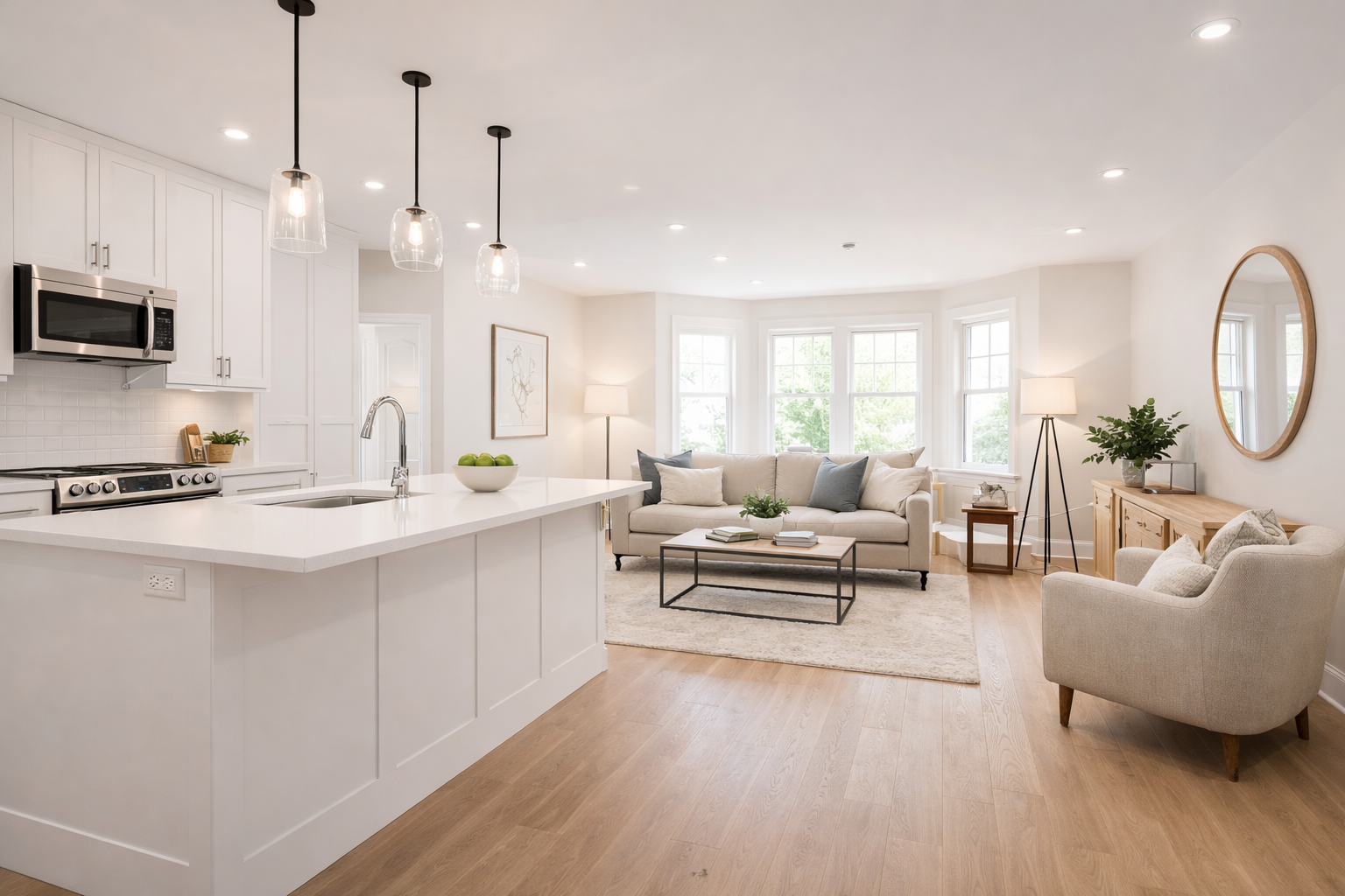 Intérieur de la pièce à vivre  : cuisine moderne, salon avec fauteuils cosy et sol en parquet.