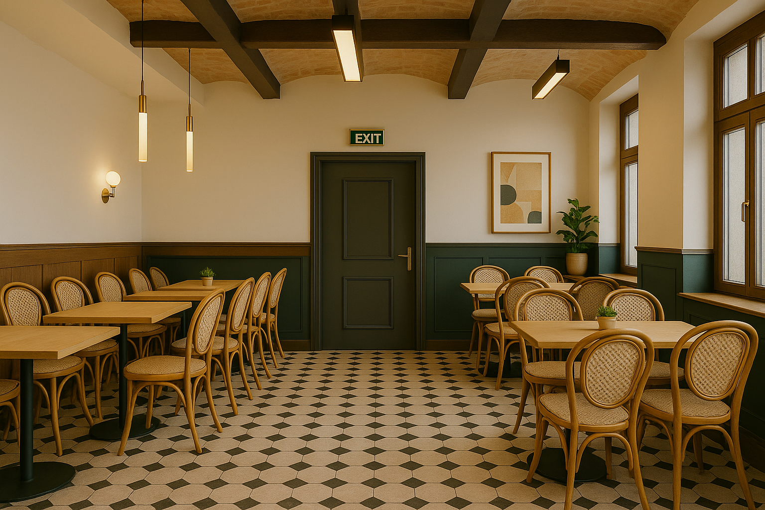 Intérieur du restaurant : tables avec chaises en osier, sol en carrelage décoratif.