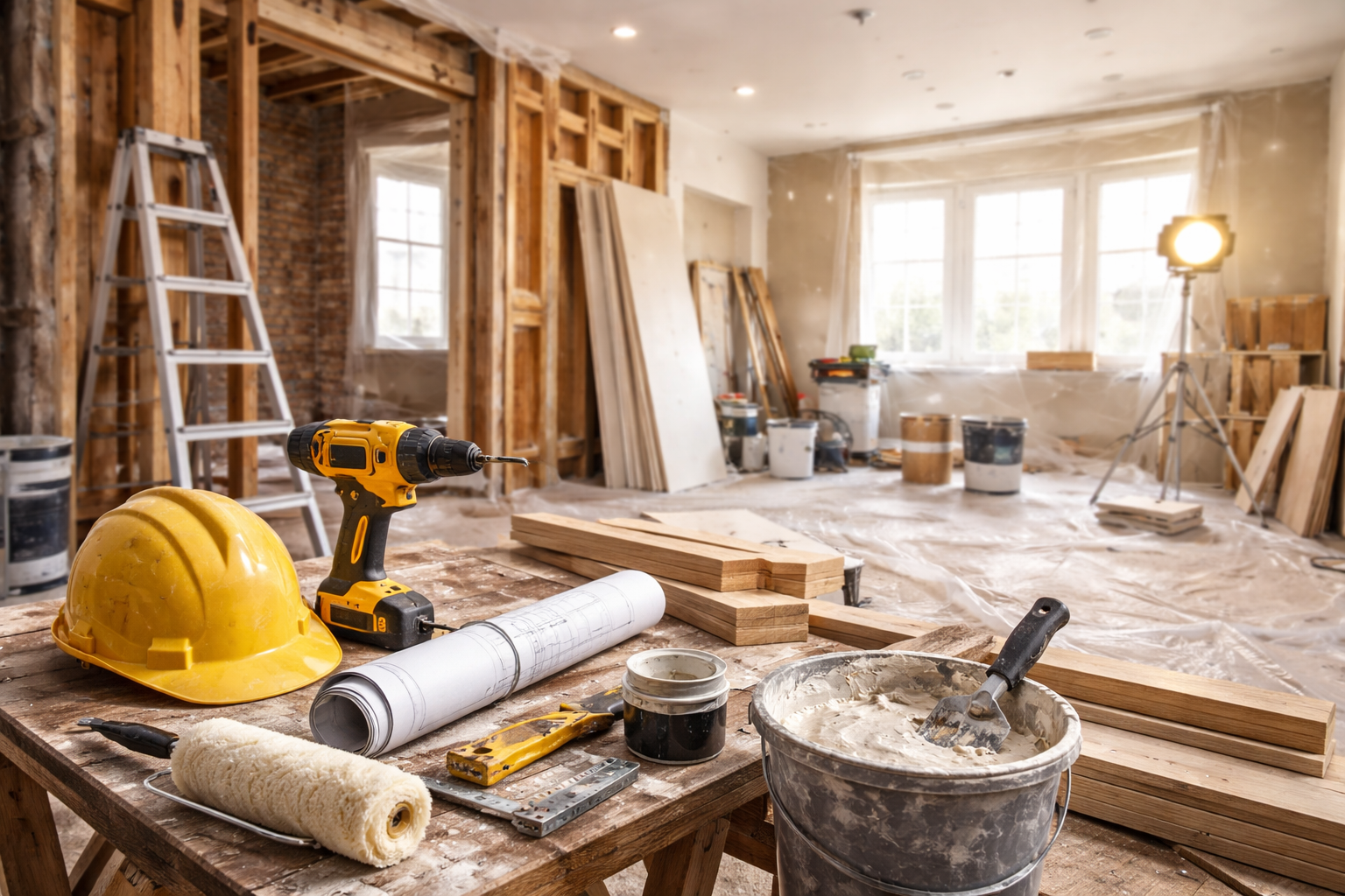 Intérieur en rénovation : échafaudages, outils et briques apparentes dans une pièce avec chaises, tables et fenêtres.