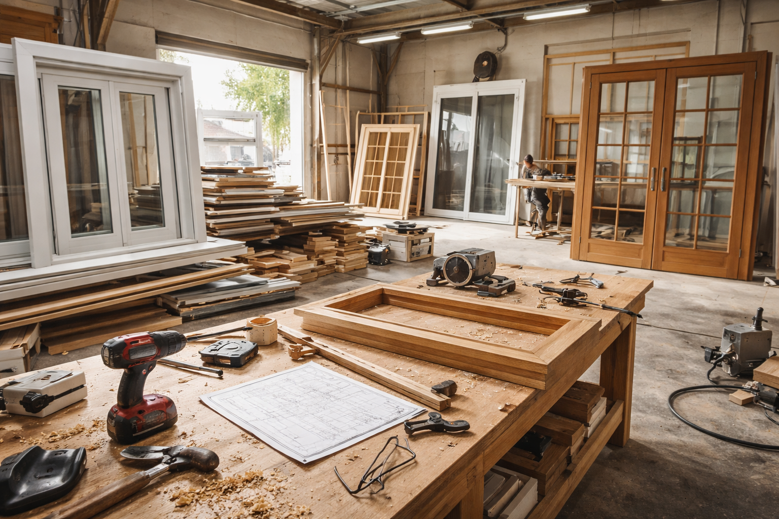 Pièce vide en construction avec fenêtre en façade, murs en parpaings apparents et outils.