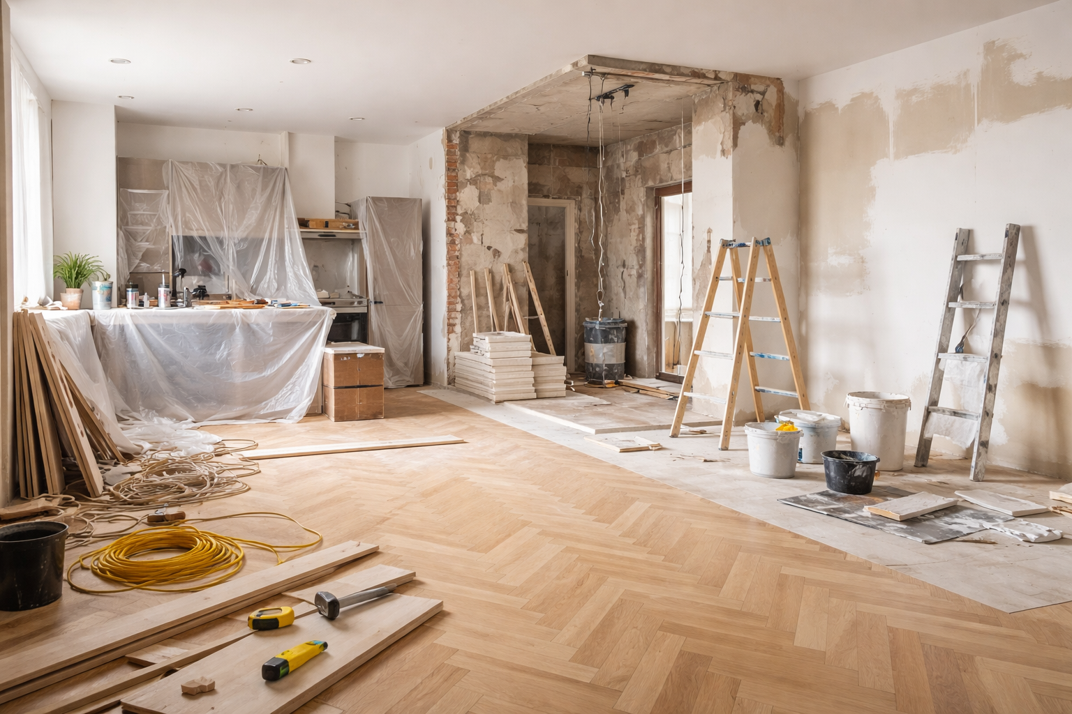 Salle de classe de maternelle avec tables, chaises, étagères et jouets en bois. Fenêtres et portes sur murs blancs.