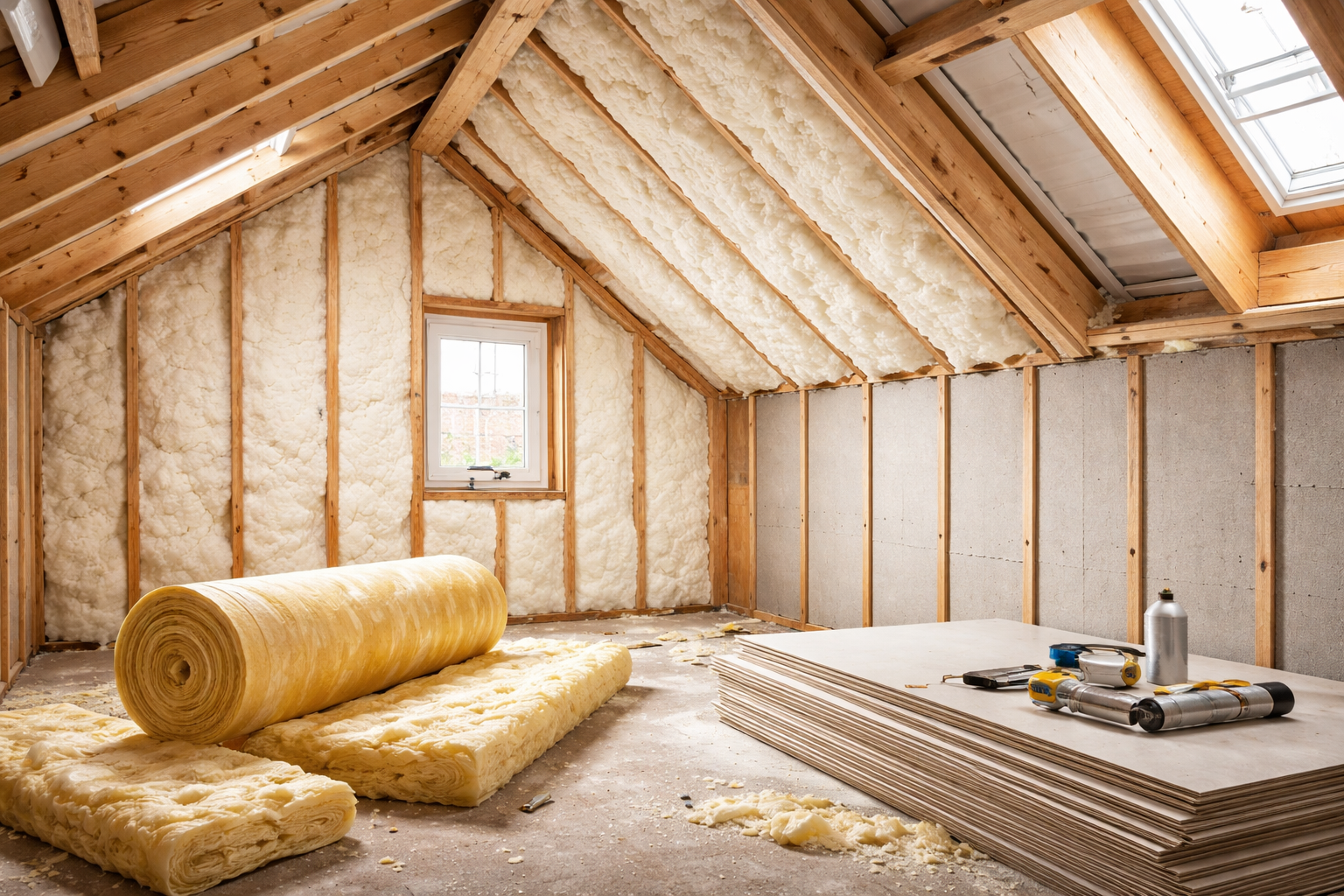 Intérieur d'un espace en rénovation avec une échelle, une fenêtre et des murs apparents.