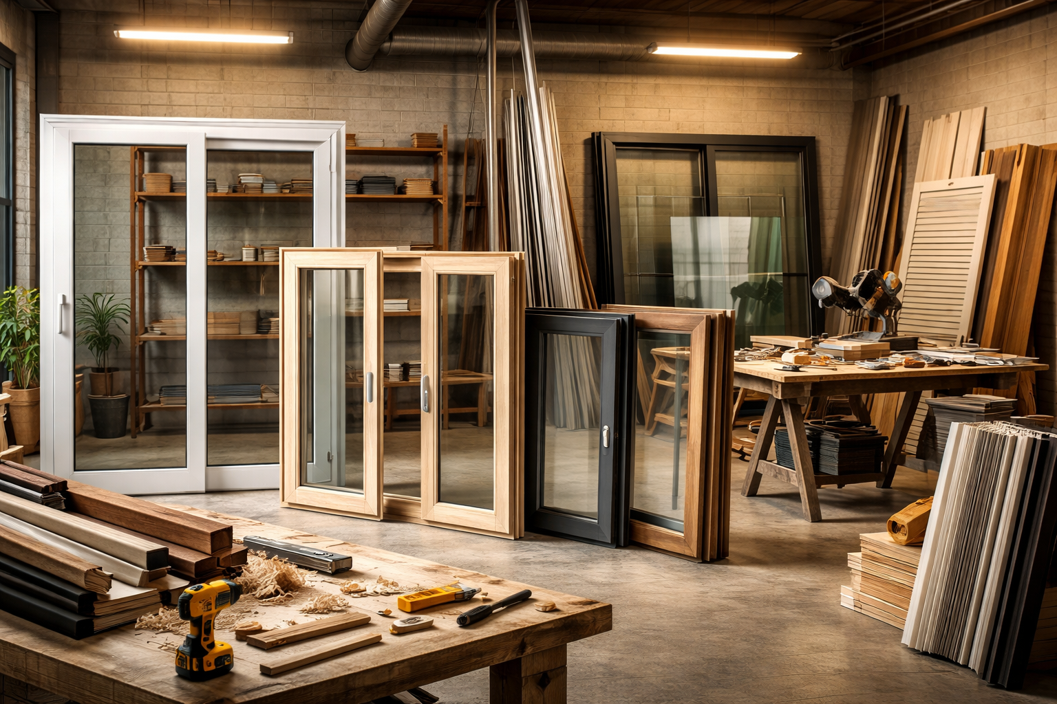 Chantier de construction intérieur avec échafaudages, outils et murs inachevés ; une porte est marquée d'un « 1 ».