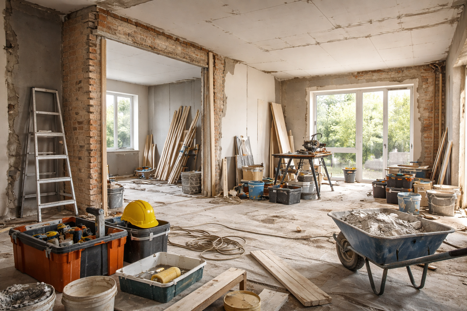 Intérieur de bibliothèque avec rangées d'étagères, tables et plafonniers carrés.