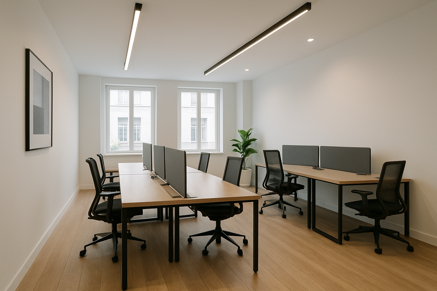 Espace de bureau moderne avec bureaux, chaises et ordinateurs. Lumière naturelle, parquet et œuvres d'art encadrées.