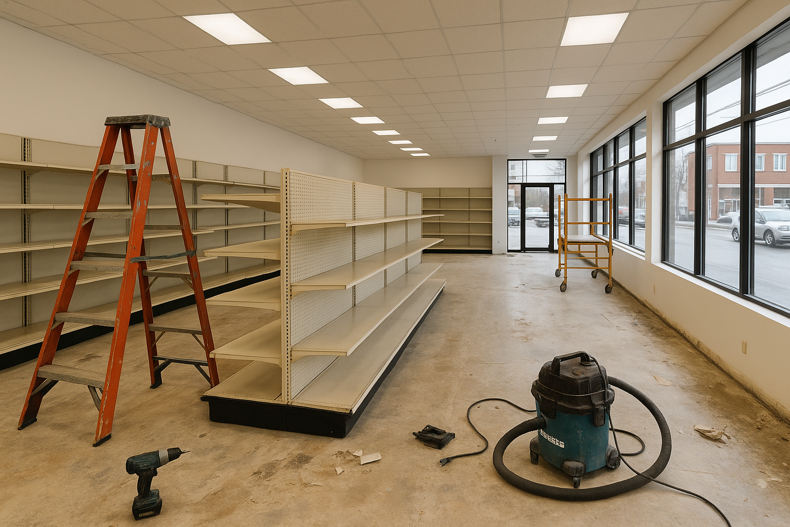 Un magasin vide avec des étagères, des outils et une échelle, probablement en construction.