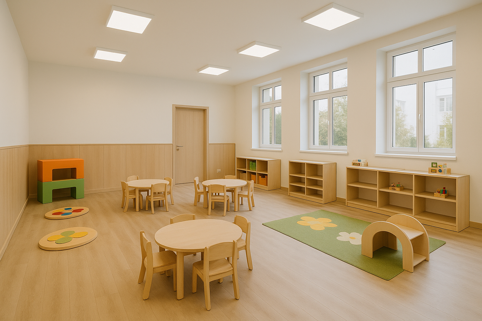 Salle de classe de maternelle avec tables, chaises, étagères et jouets en bois. Fenêtres et portes sur murs blancs.