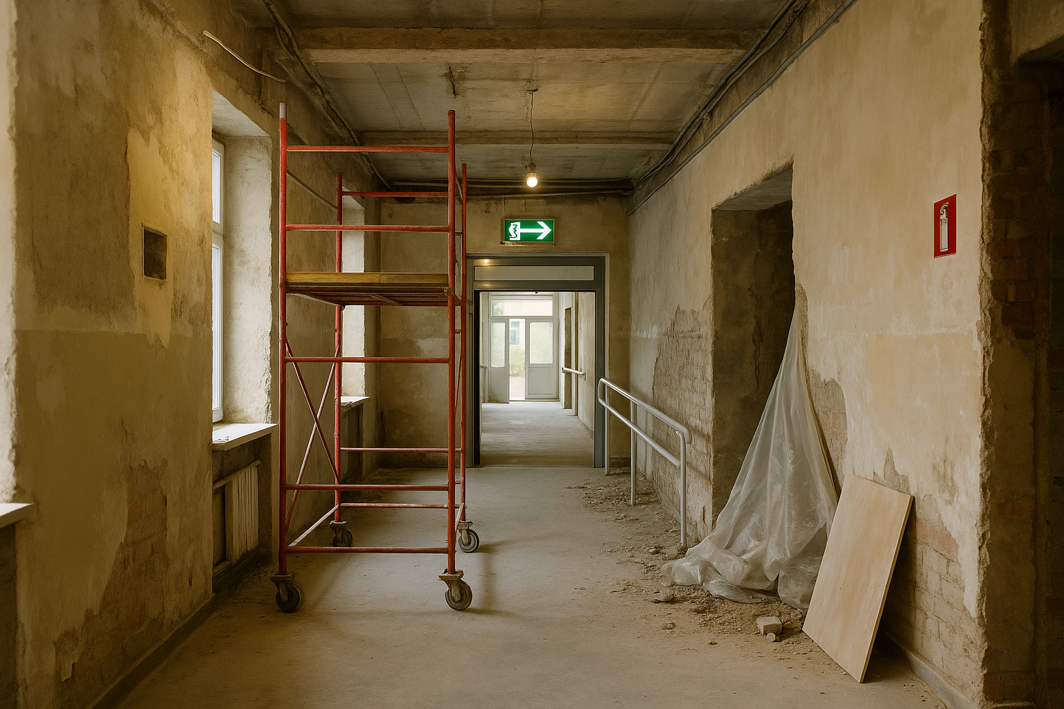 Un couloir en construction avec des échafaudages, des murs apparents et un panneau de sortie.