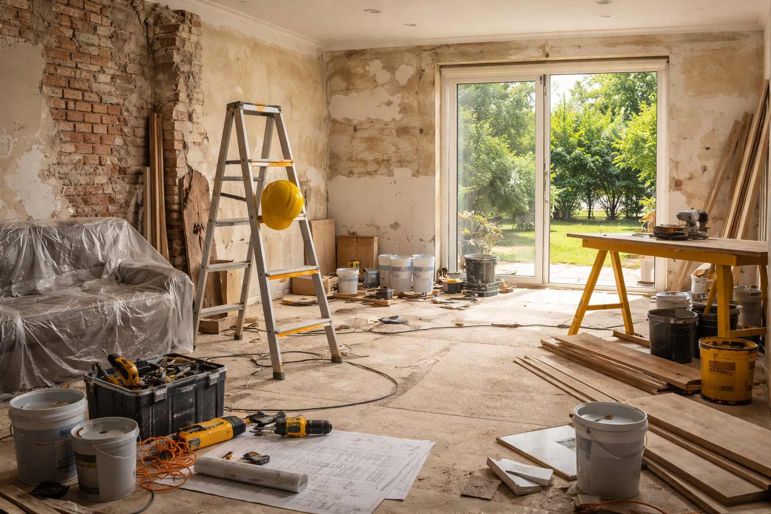 Espace industriel vide et ouvert avec sol en béton, charpente métallique et porte blanche fermée.
