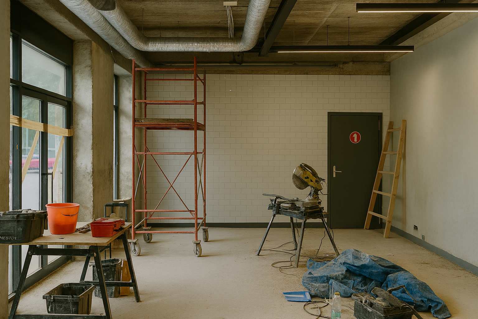 Chantier de construction intérieur avec échafaudages, outils et murs inachevés ; une porte est marquée d'un « 1 ».