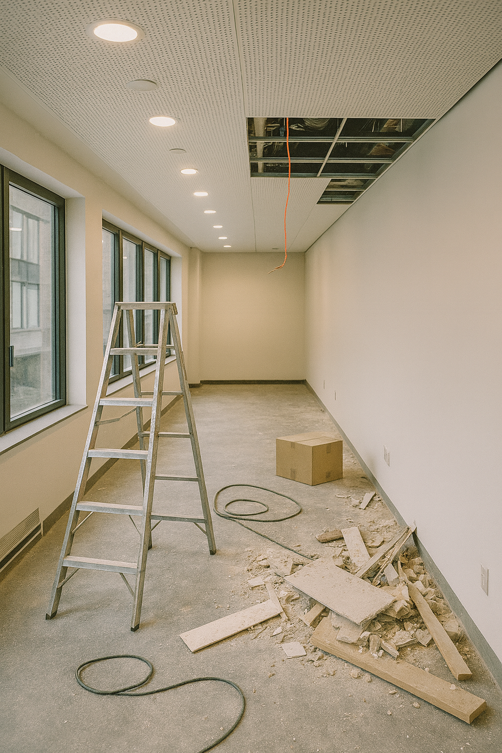 Construction dans une pièce longue : échelle, plafond exposé, débris, cordon électrique.