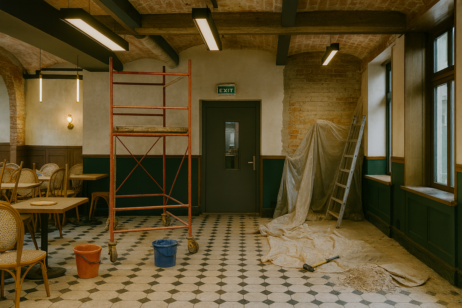Intérieur en rénovation : échafaudages, outils et briques apparentes dans une pièce avec chaises, tables et fenêtres.