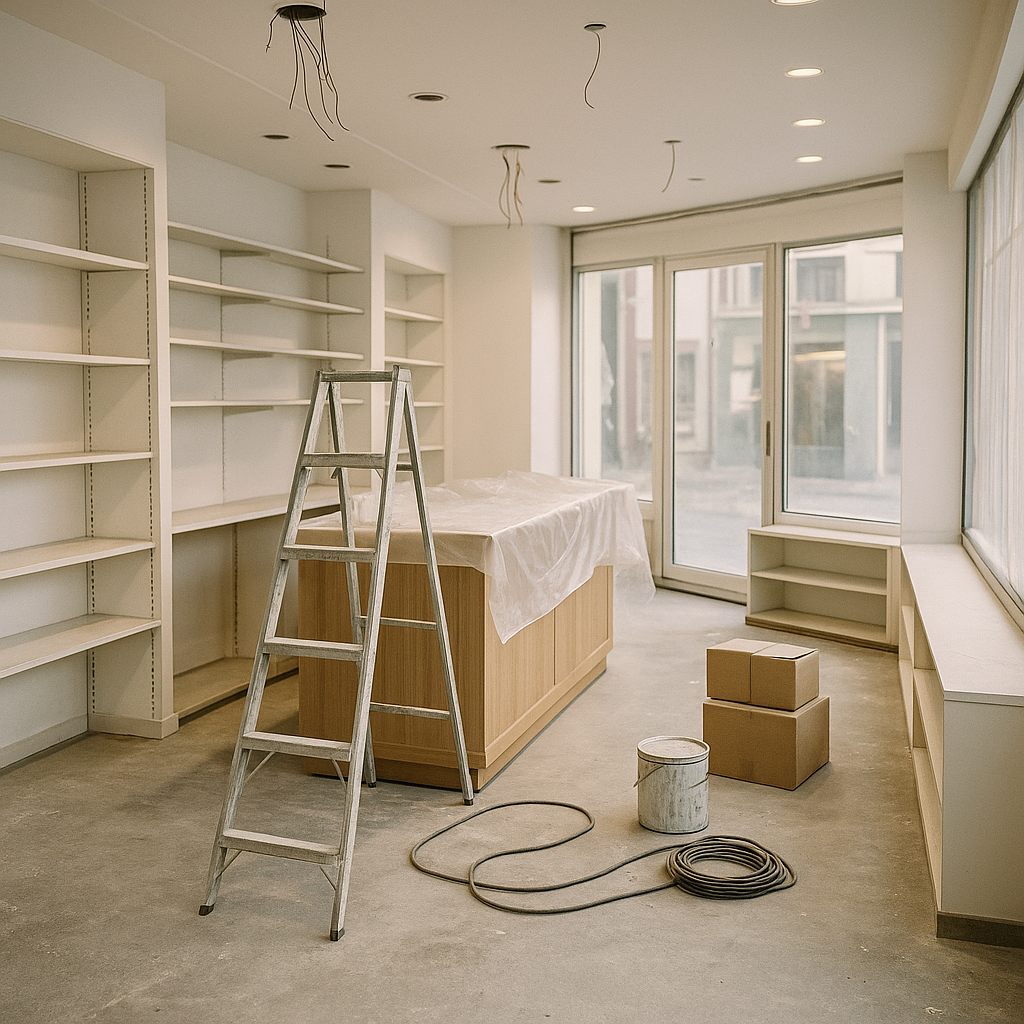 Espace commercial blanc vide en construction avec échelle, étagères et comptoir couvert.