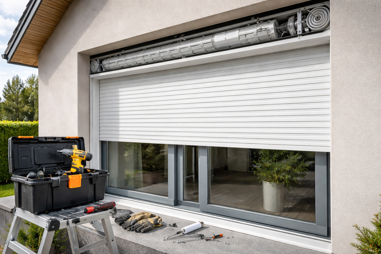 Chambre beige vide avec lumières fluorescentes et fenêtre.