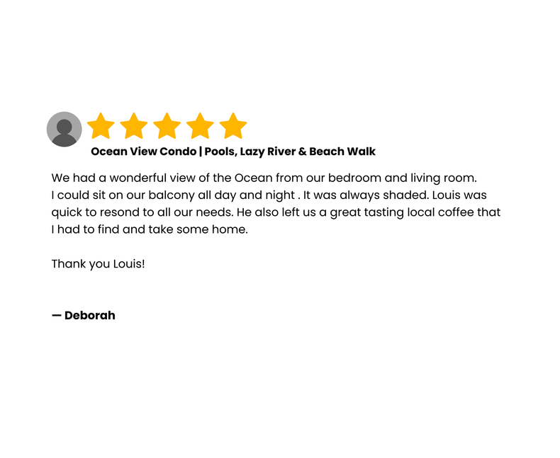 Review of Ocean View Condo. Positive guest  review praising view, shaded balcony, and good coffee.