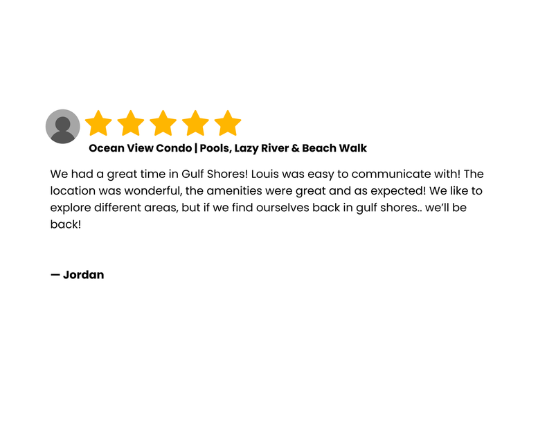 Review of Ocean View Condo in Gulf Shores: 5-star rating with positive guest feedback.