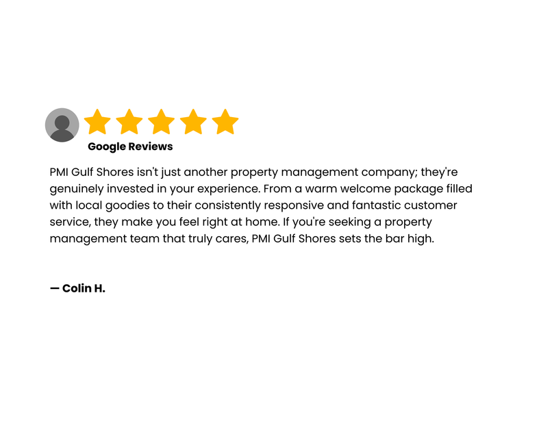 Google review with 5-star rating, praising PMI Gulf Shores for its great customer service.