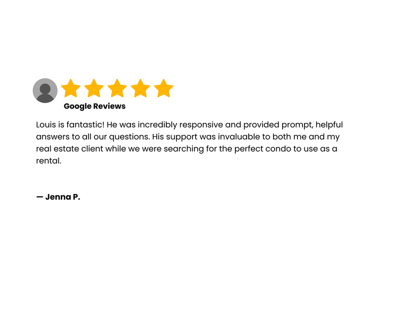 Google review with five stars. Text: 