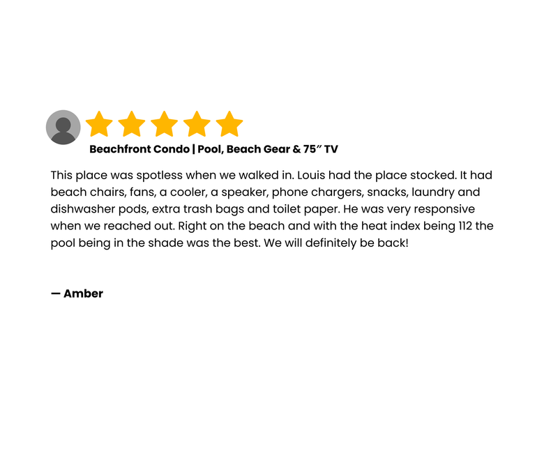 Review of a beachfront condo with 5-star rating, praising cleanliness, amenities, and responsiveness.
