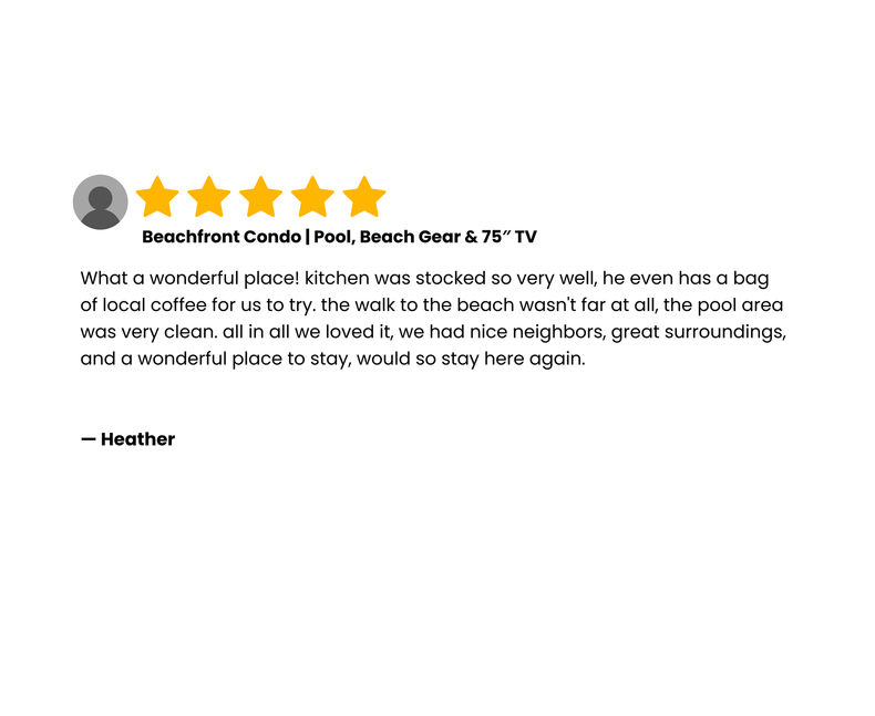 Review of a condo. The guest gave it 5 stars and praised the kitchen, location, and surroundings.
