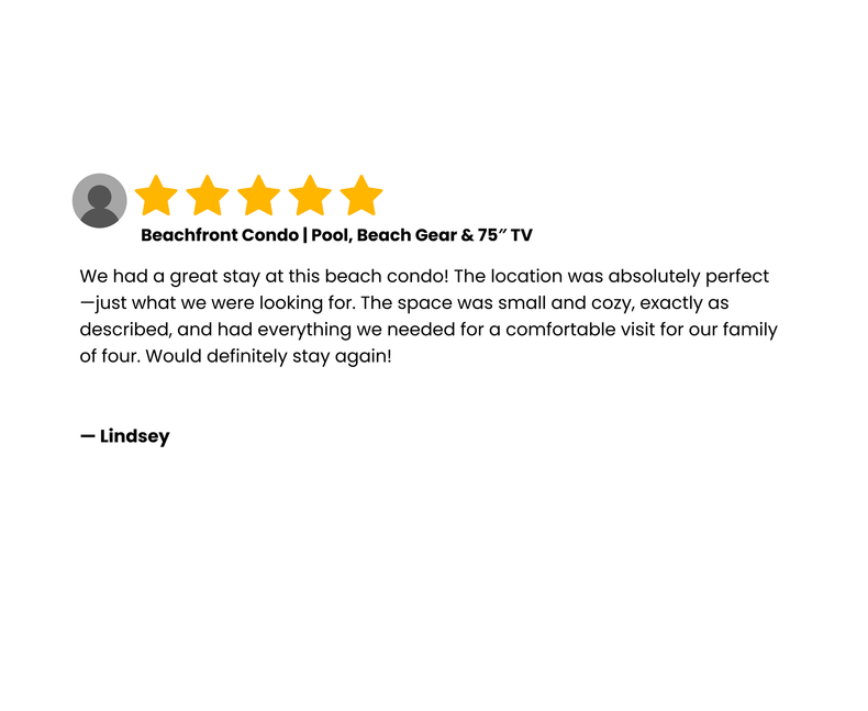 Review of a beach condo, with a 5-star rating. The guest describes their stay as perfect.