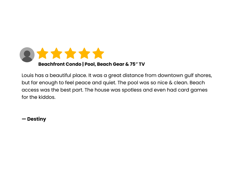 Review of a beachfront condo from a guest. Five stars. 