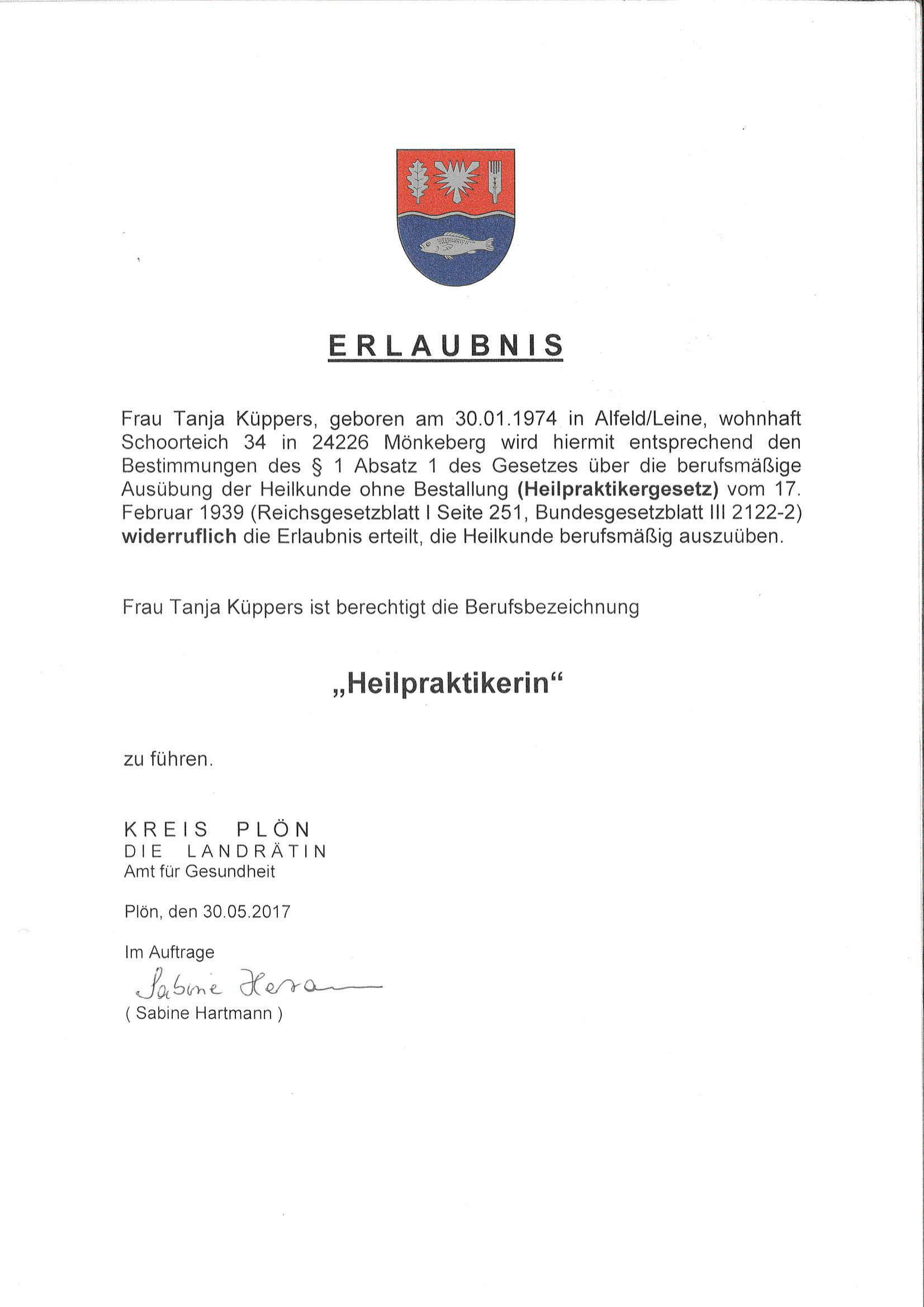 Erlaubnis Heilpraktikerin Tanja Küppers