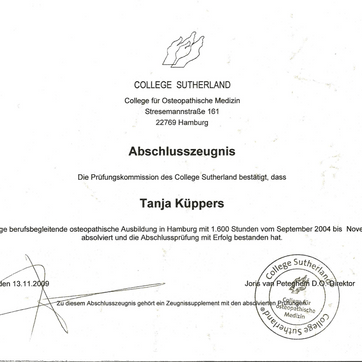 Osteopathisches Abschlusszeugnis Tanja Küppers