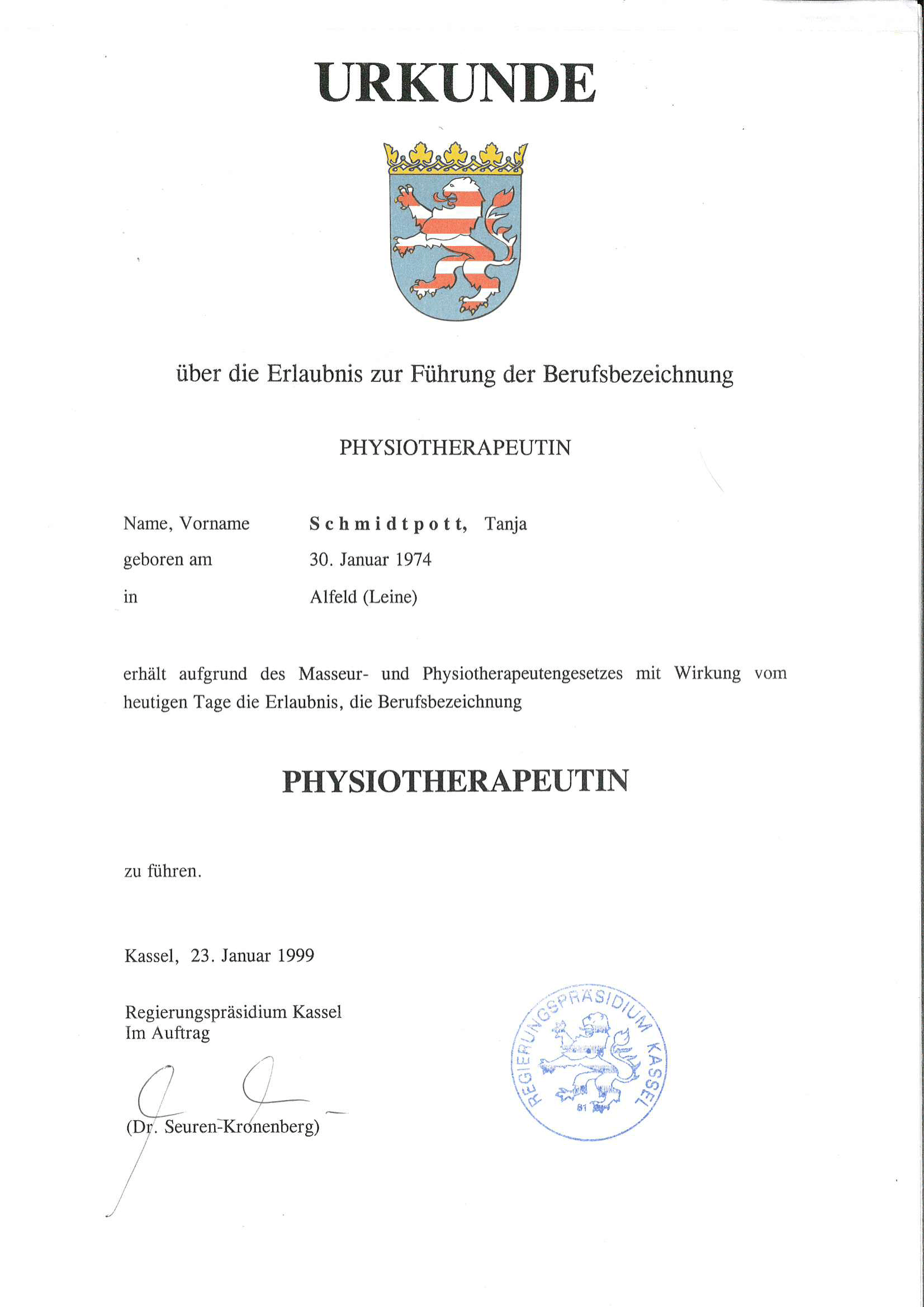 Physiotherapeut Urkunde Tanja Küppers