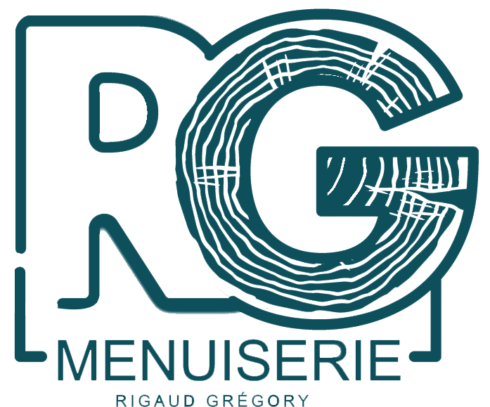 Logo pour RG Menuiserie avec « RG » en bleu canard et le texte « MENUISERIE » en dessous