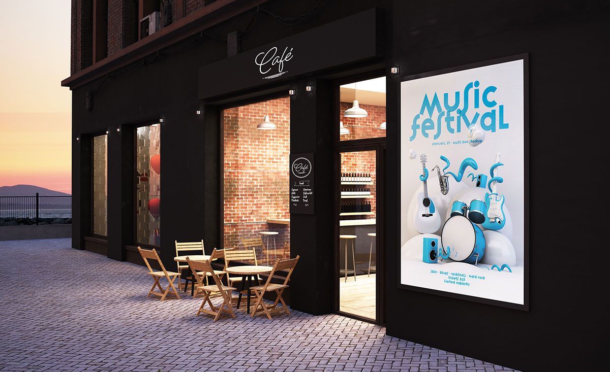 Devanture d'un café avec un poster