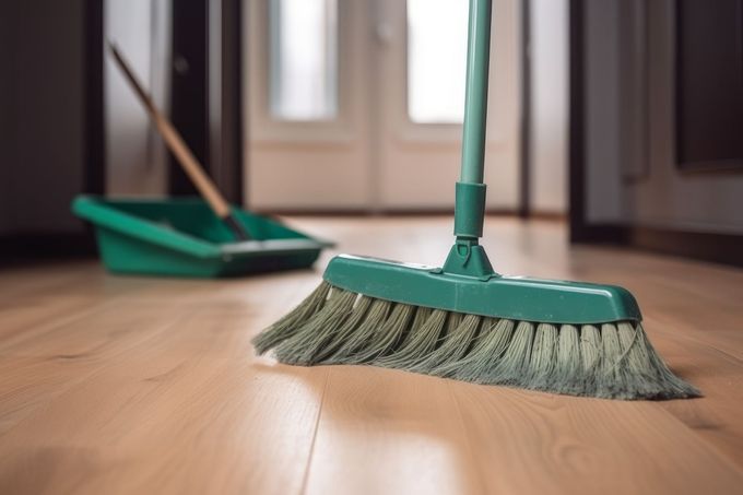 Escoba y recogedor verdes sobre un suelo de madera, cerca de una puerta.