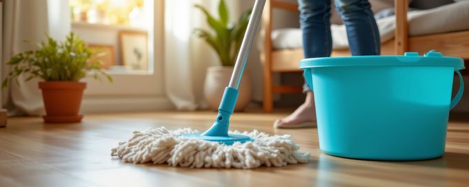 Persona fregando un suelo de madera con una fregona y un cubo azules en una habitación soleada con plantas.