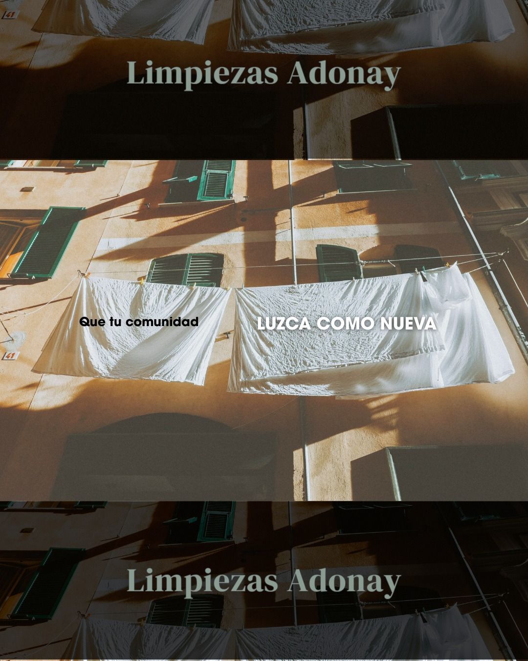 White sheets hang on a building, with text: 