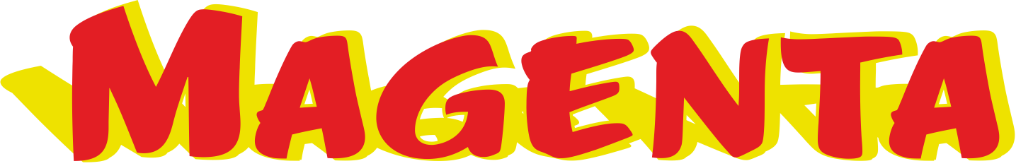 Das Wort Magenta ist rot und gelb auf weißem Hintergrund