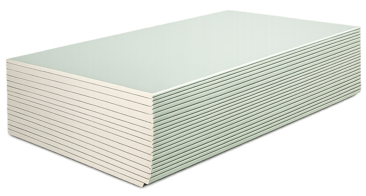 Une pile de dalles de plafond acoustiques rectangulaires vert clair avec un motif de grille perforée.