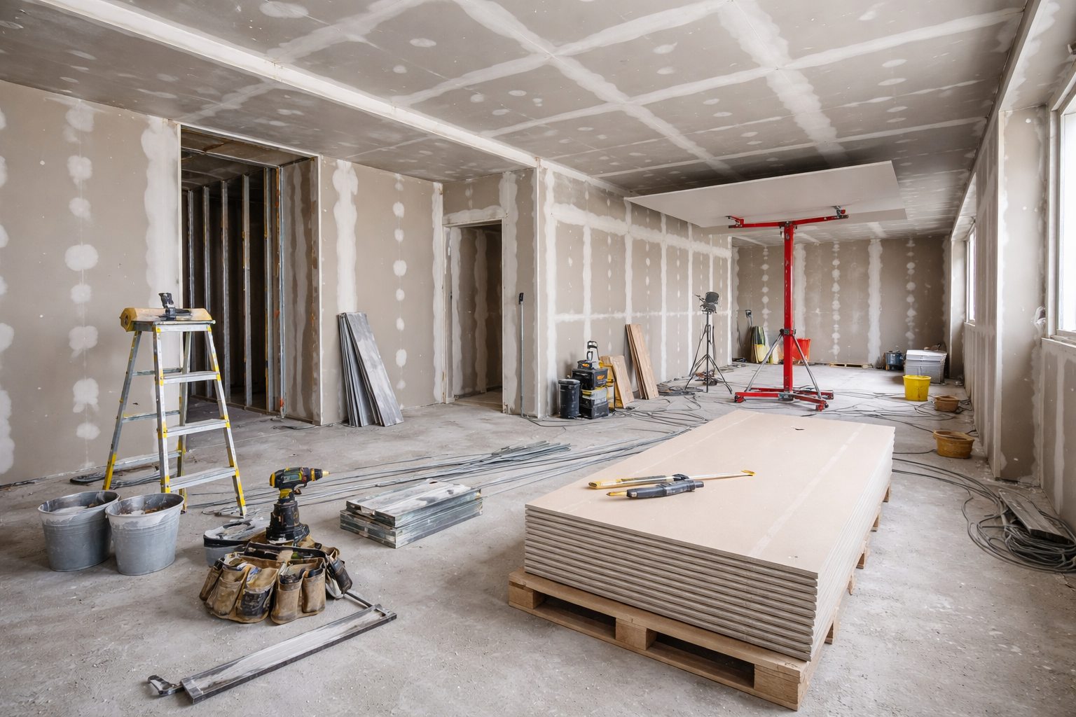 Pièce intérieure en construction avec des panneaux de plaques de plâtre, des outils, un échafaudage.