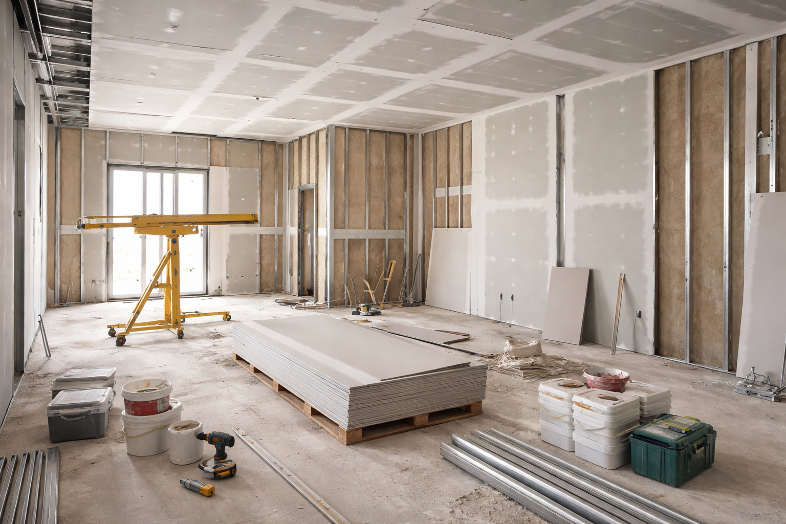 Pièce intérieure en construction avec des panneaux de plaques de plâtre, des outils, un échafaudage.