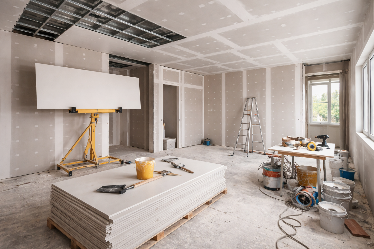 Pièce intérieure en construction avec des panneaux de plaques de plâtre, des outils, un échafaudage.