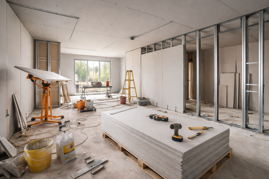 Un salon avec un canapé et une brouette en arrière-plan.