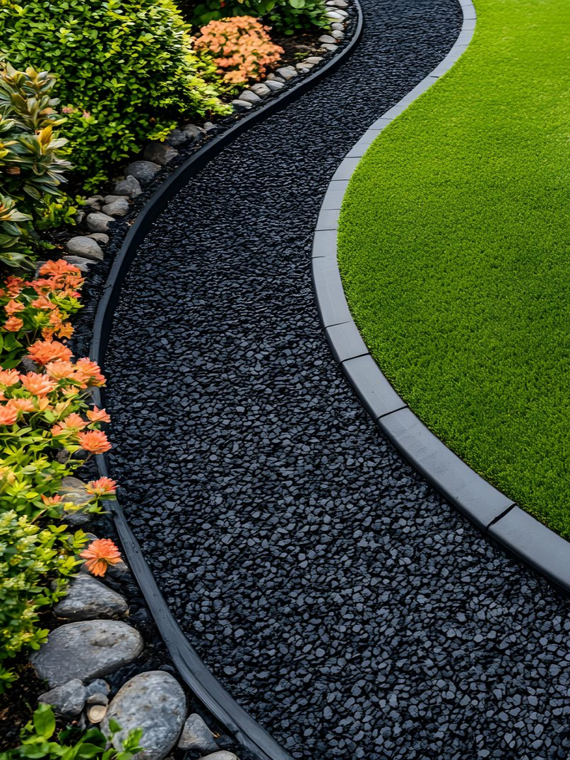 Allée en gravillons noirs entourée de bordures blanches