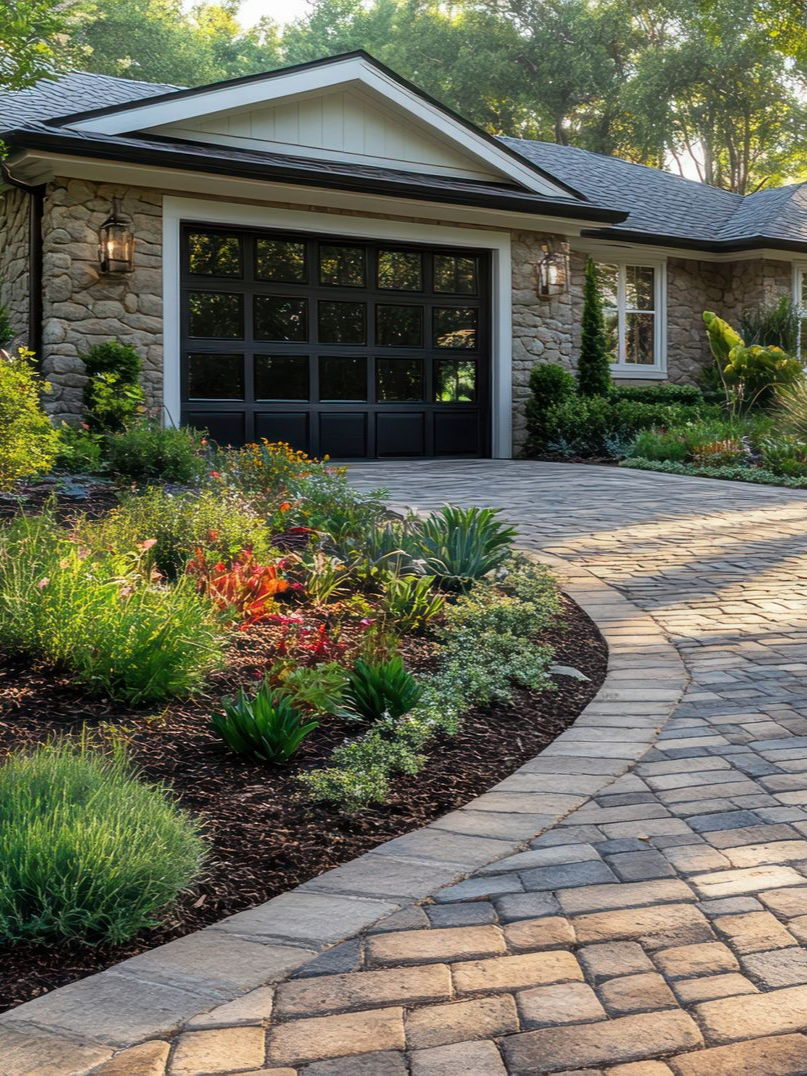 Allée en pavés allant jusqu’à une porte de garage noire