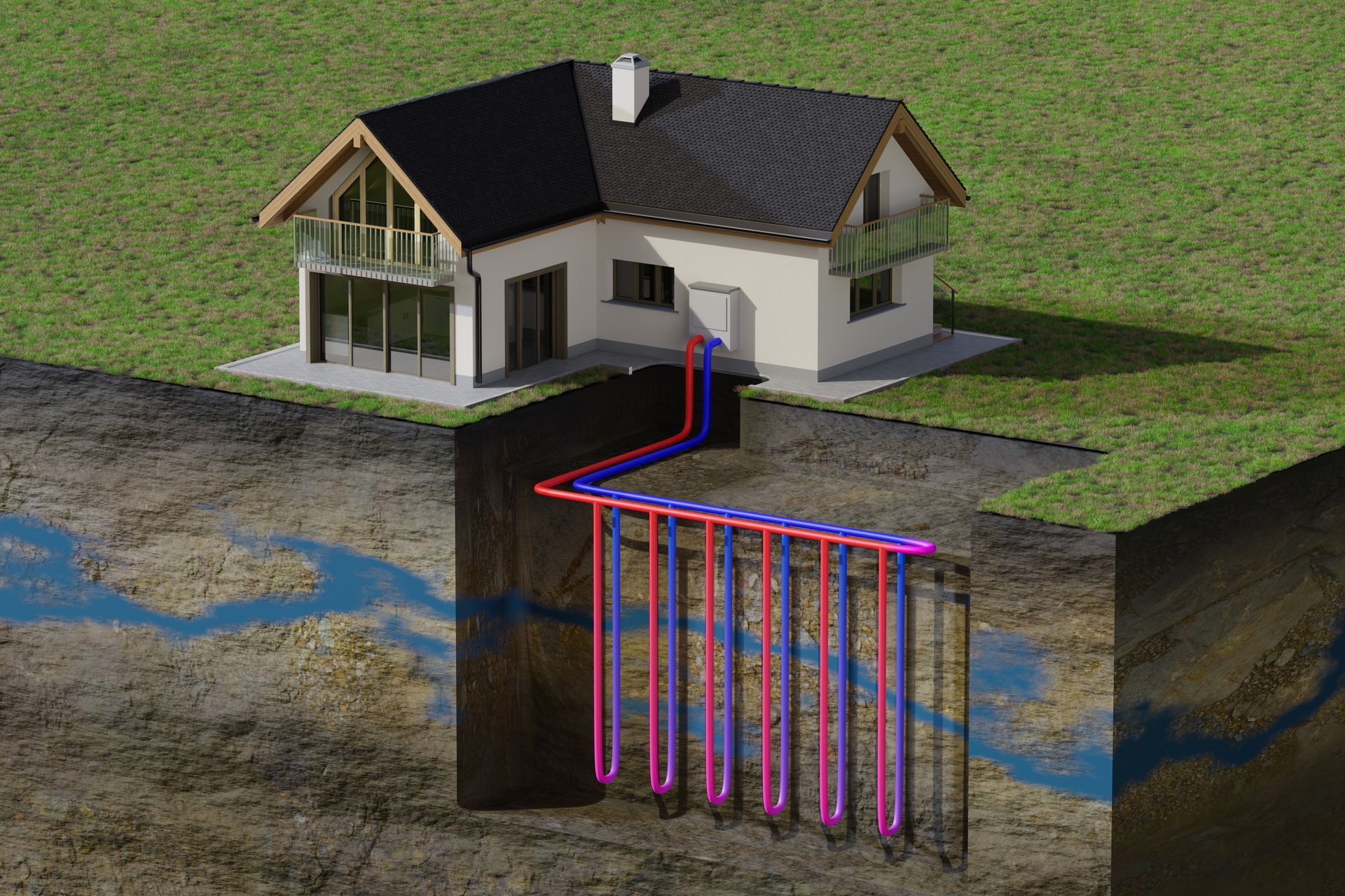 Funktionsgrafik einer Wärmpumpe an einem Wohnhaus