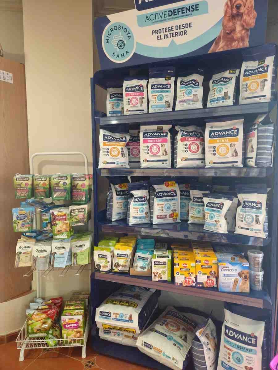Una exhibición de comida para mascotas en una tienda.