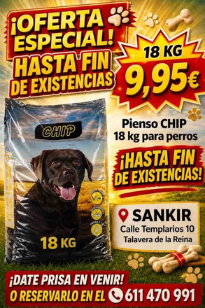 Perro junto a saco de pienso CHIP; oferta especial, 18 kg por 9,95 €, con llamada a SANKIR.