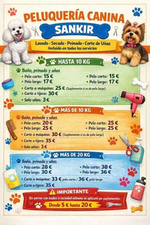 Cartel colorido de peluquería canina “Sankir” con precios por tamaño de perro.
