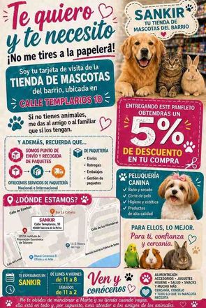 Cartel promocional de productos para mascotas Sankir con gatitos y perros, texto rosa y azul, oferta de 5% de descuento.
