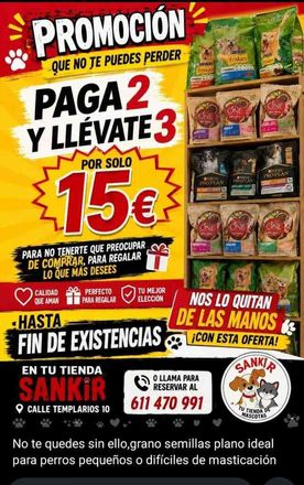 Cartel rojo y amarillo de promoción: “Paga 2 y llévate 3” por 15 € en tiendas Sankir.